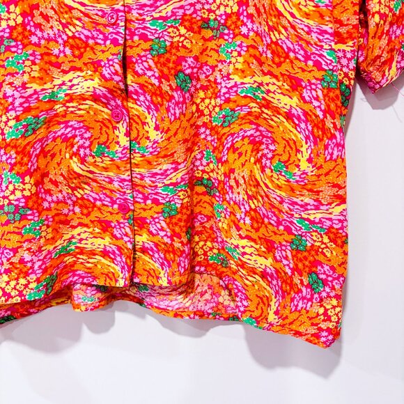 SIMONS Orange and pink cropped floral shirt | Short sleeve viscose | Small * - Picture 6 of 6